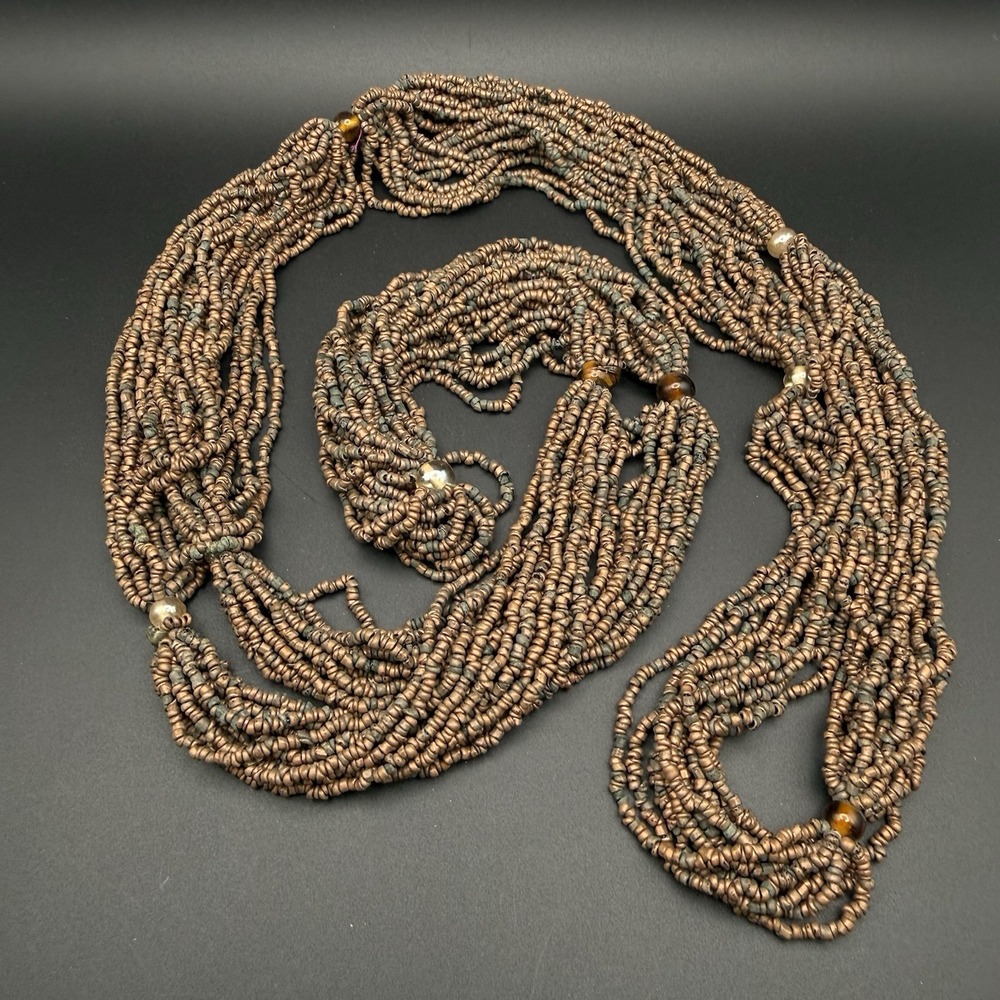 Vintage Multi Strand Seed Bead Necklace Brown Boho Tribal Layered Statement 58"